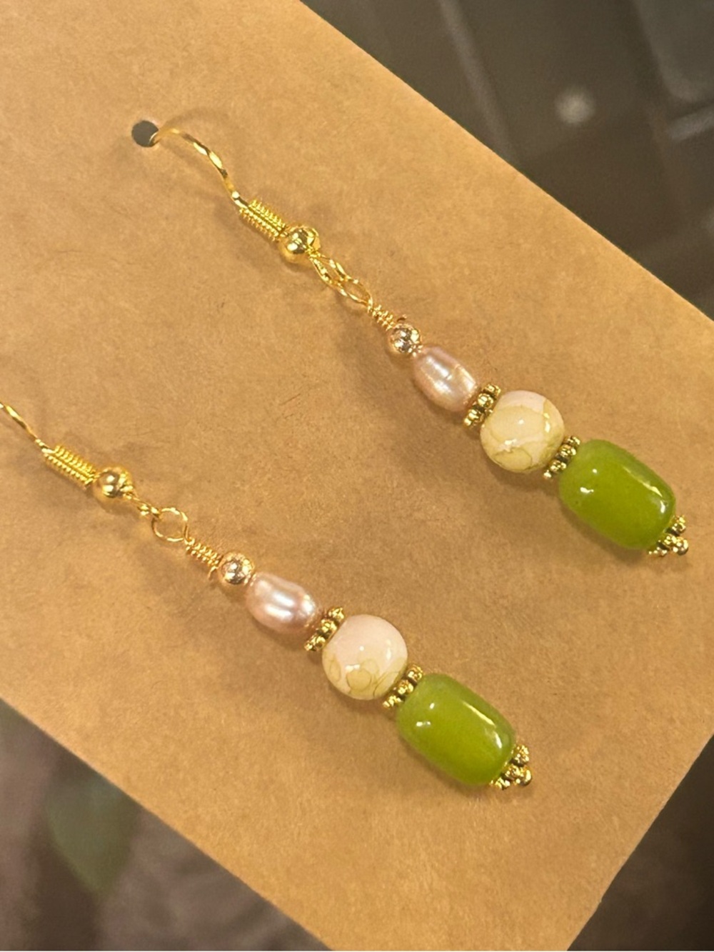 Handcrafted olive green cat eye glass barrel genuine pearl dangle earrings